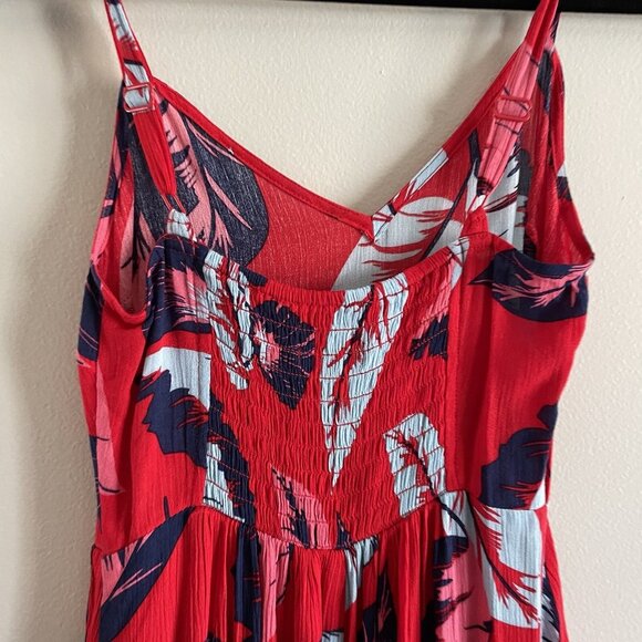 Express Women XXS Red Leaf Print Tropical Hawaiian Ruffle High Low Midi Sundress - Picture 10 of 10